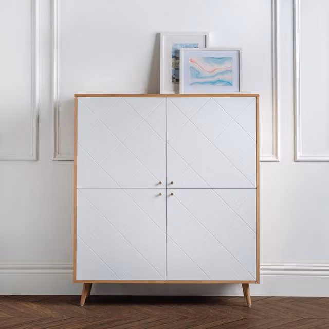 Julian Bowen Moritz 4 Door Cabinet in White and Oak with Gold Details, H134.5 x W118 x D39.5 cm – 1