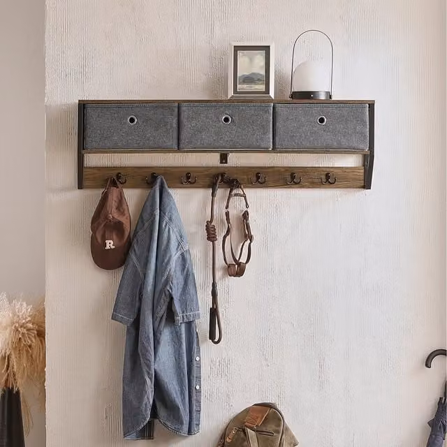SoBuy Wall Coat Rack Cabinet Unit with 3 Baskets and 7 Hooks, Grey