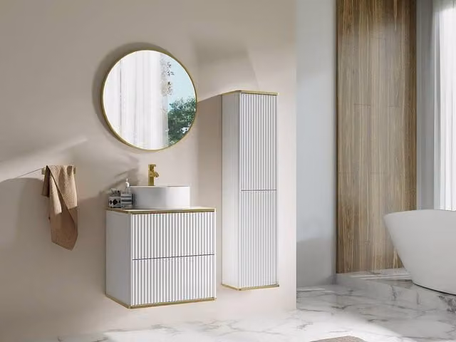 Vente-unique White Wall Mounted Grooved Bathroom Vanity Unit with Round Countertop Basin and Gold Details W/D/H: 60 x 47 x 54 cm – 1