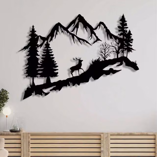YOUR HOME RULEZ Large Black Mountain and Deer Metal Wall Art, 75 cm