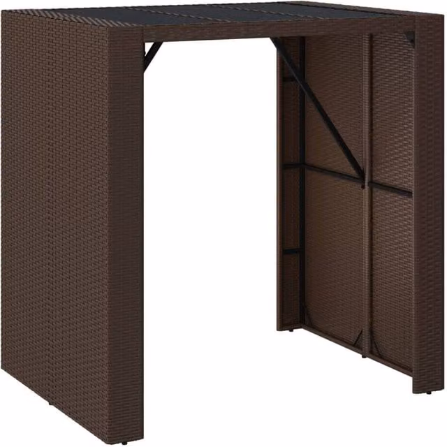 Berkfield Brown Poly Rattan Home Bar Table with Glass Top, W/D/H: 105 x 80 x 110 cm