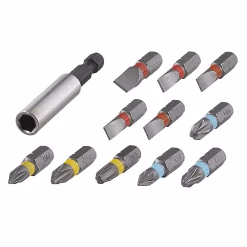 Wolfcraft 12 Piece Flat and Crosshead PH/PZ Screwdriver Bit Set with Bit Holder in Black and Silver