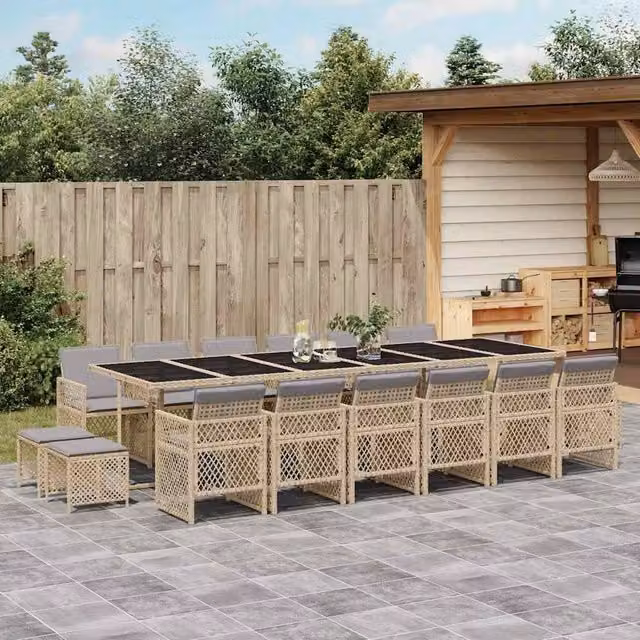 Berkfield Home 17 Piece Beige Poly Rattan Garden Dining Set with Cushions and Glass Tabletop – 1