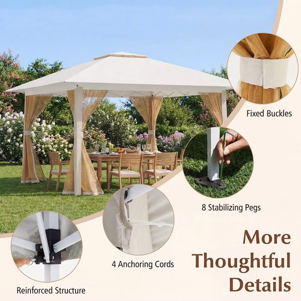 Costway Pop Up Gazebo Foldable Canopy Tent with Mesh Netting and Double Roof in Beige – 7