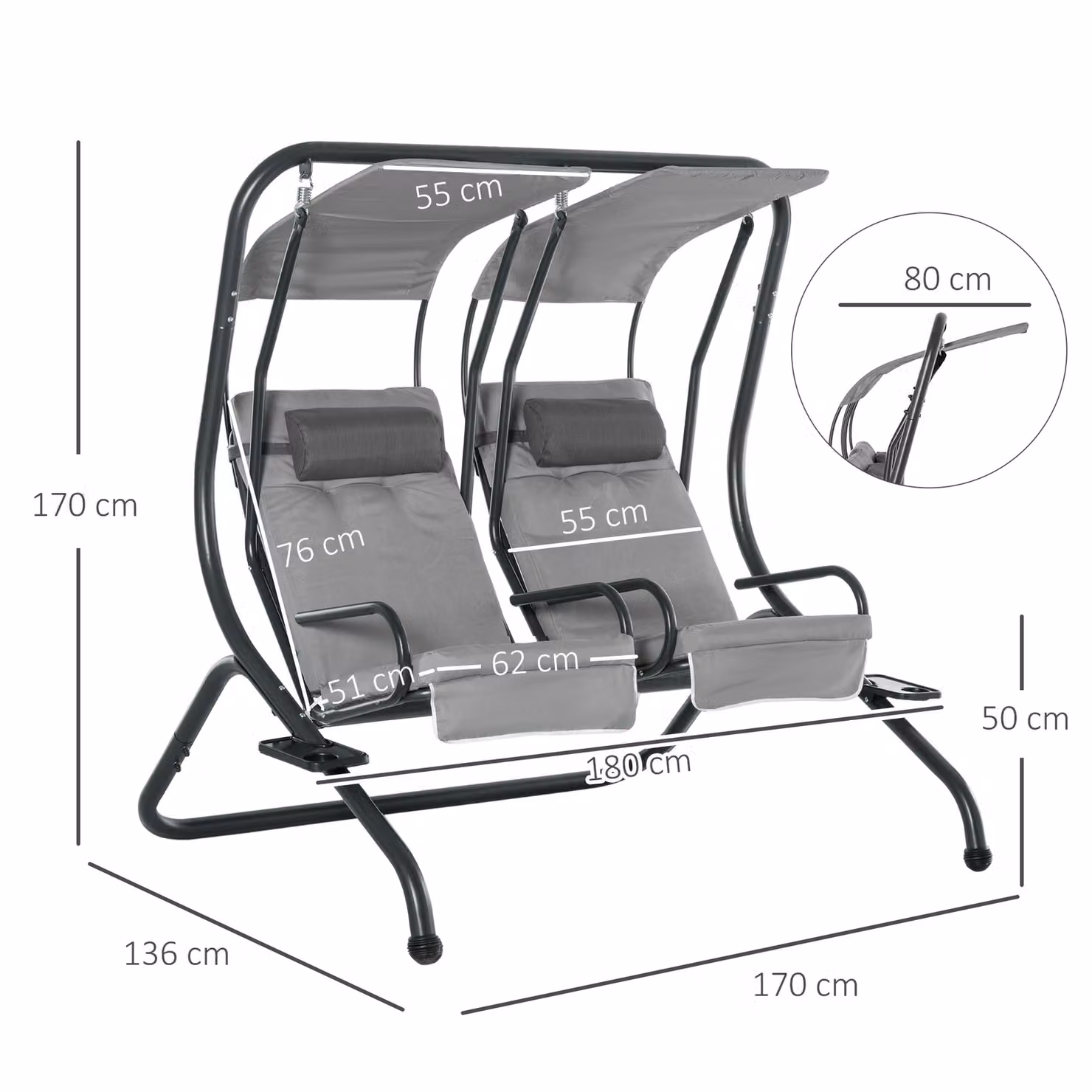 Outsunny Modern Garden Swing Set with Double Seat and Two Separate Relax Chairs in Grey – 3