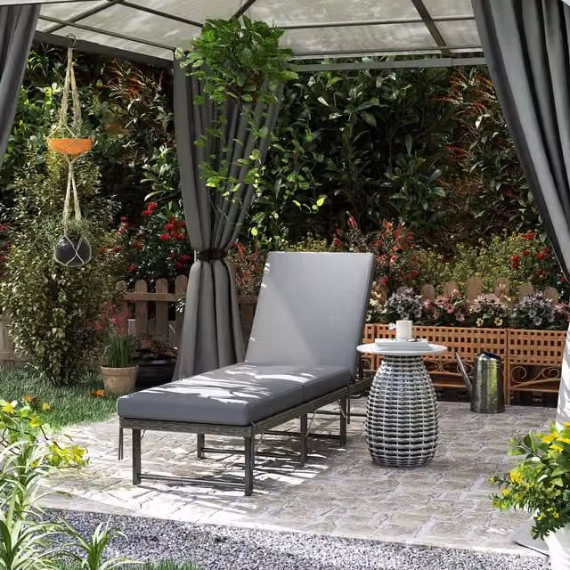 Outsunny Folding Rattan Sun Lounger with Adjustable Headrest in Grey