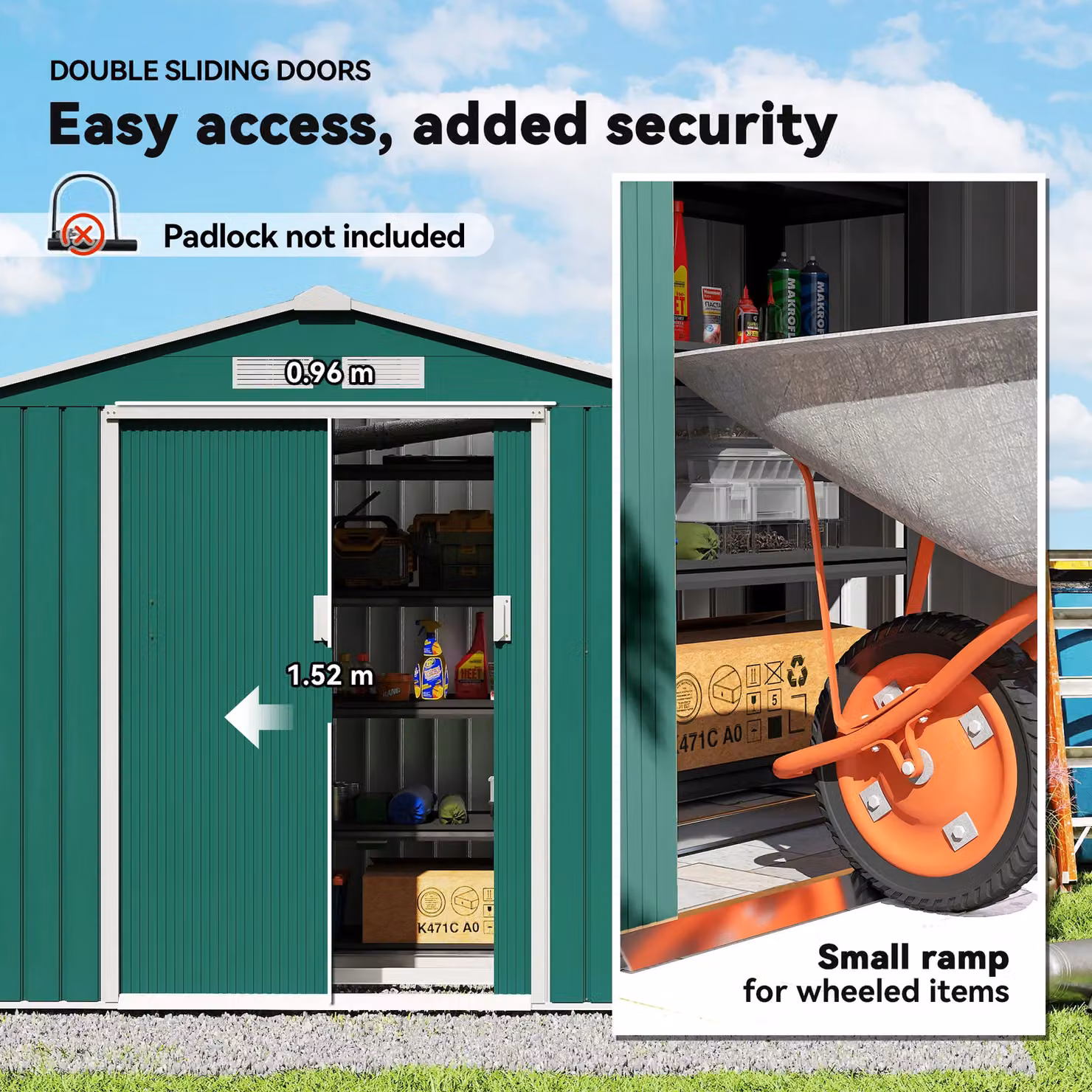 Outsunny Galvanised Steel Metal Garden Storage Shed with Locking Sliding Doors and Side Vent, Green, W/D/H: 119.0 x 185.0 x 185.0 cm – 5
