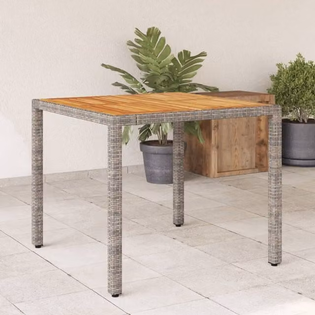 Berkfield Home Grey Poly Rattan Garden Table with Acacia Wood Top, W/D/H: 90 x 90 x 75 cm