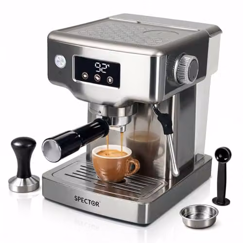 Spector Ultra Espresso Machine in Silver with LCD Touch Display, 20 Bar Pressure, Milk Frother and Removable Water Tank – 1