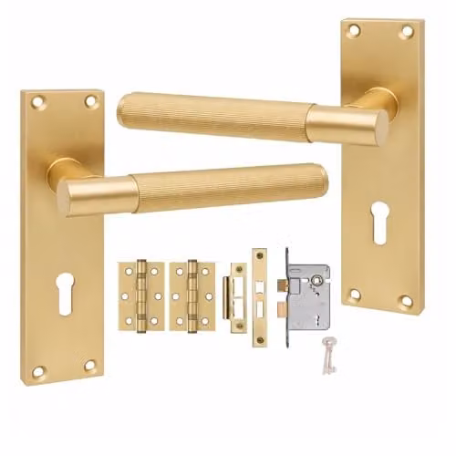 Golden Grace Victorian T-Bar Lock Door Handle Set in Gold Brass