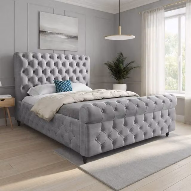 Casani Stenton Sleigh Upholstered Designer Bed Frame in Grey Silver Velvet, W/D/H: 180 x 200 cm