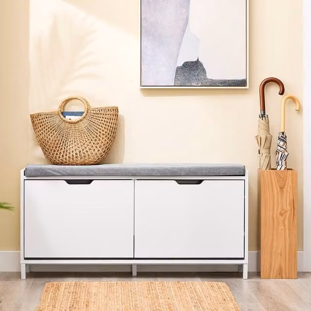 SoBuy Scandinavian Style Slim Entrance Bench with Shoe Rack and Fabric Cushion in White and Grey