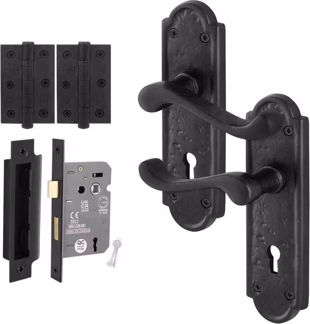 AFIT Black Antique Cast Iron Door Handles with Key Lock and 64mm Hinges, W/D/H: 15.0 x 15.0 x 15.0 cm – 1