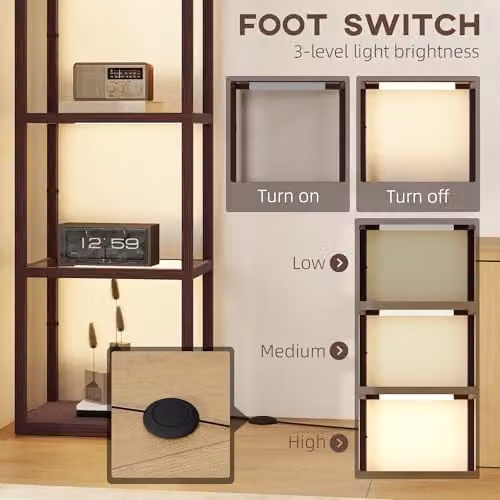 HOMCOM Dimmable LED Floor Lamp with 4 Glass Shelves in Dark Brown – 3