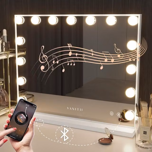 VANITII Mary Hollywood Bluetooth Vanity Makeup Mirror with 15 Dimmable LED Bulbs, White Metal