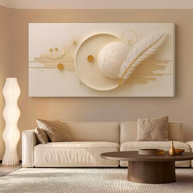 Mafett Premium Large Moon Feather Contemporary Canvas Wall Art in Beige and Gold, W: 150 cm, H: 80 cm