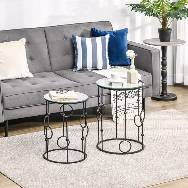 HOMCOM Set of 2 Modern Round Nesting Coffee Tables with Black Glass Tops – 1
