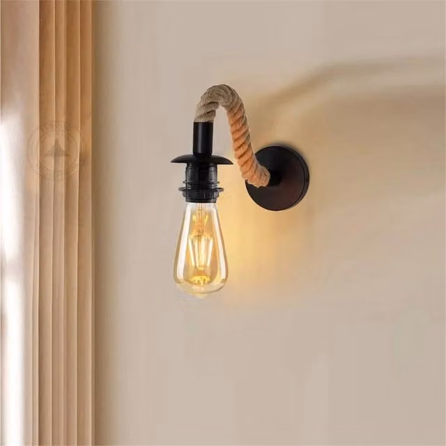 SPETLEK Retro Industrial Wall Light with Metal and Hemp Rope in Brown