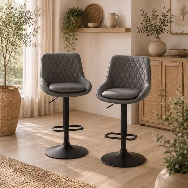 Wyld Haus Lokasa Set of 2 Grey Retro Adjustable Swivel Bar Stools with Synthetic Leather Upholstery