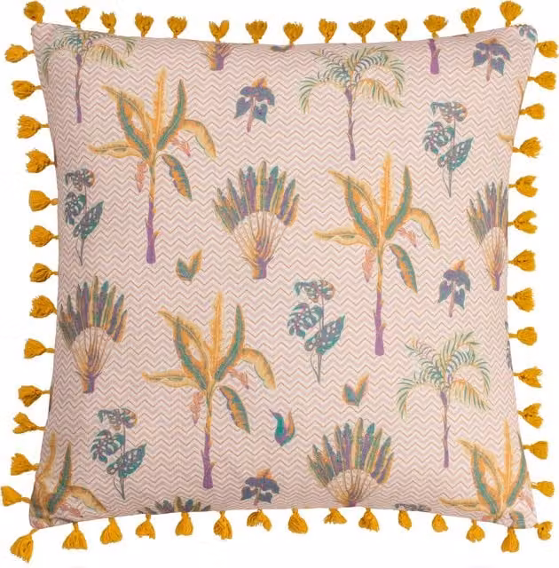 Make it a Home Chamae Floral Tasselled Square Cushion in Pink and Multicolour with Feather Filling