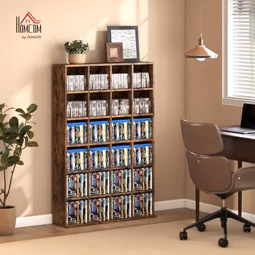 HOMCOM Rustic Brown Media Storage Unit with Adjustable Shelves and Back Panel – 2