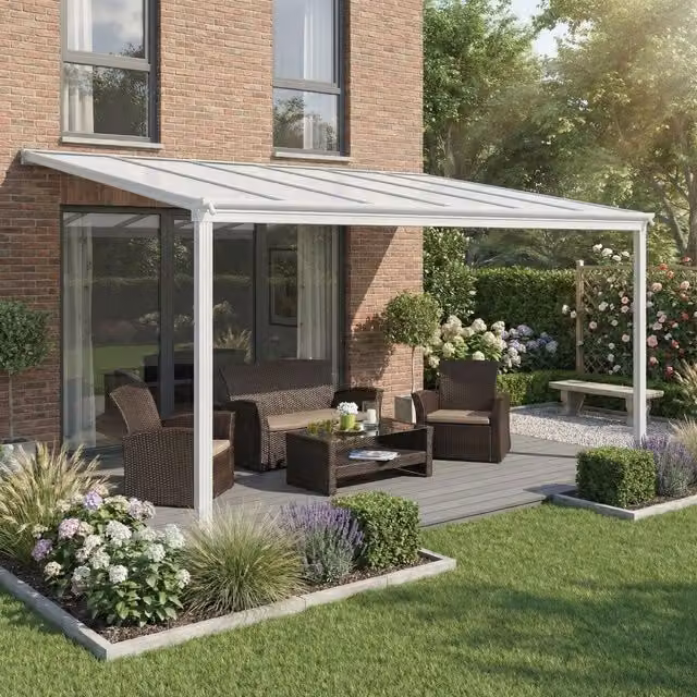 Primrose Living White Lean-to Garden Veranda Canopy with Polycarbonate Roof, W: 300 cm, D: 300 cm, H: 260 cm