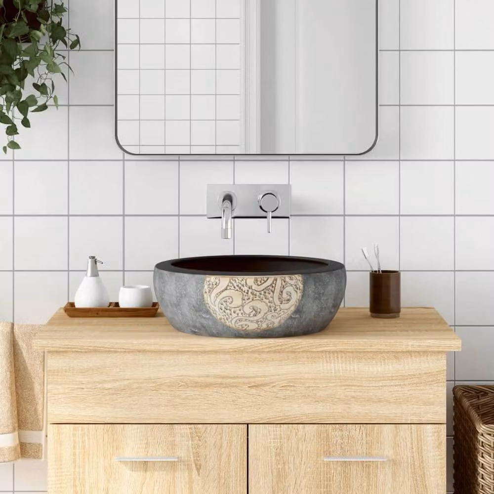 Berkfield Home Round Ceramic Countertop Basin in Black and Brown, W: 41 cm, H: 14 cm – 2