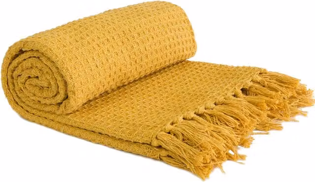 Emma Barclay Honeycomb Woven Cotton Throw with Fringes, Yellow, W/D/H: 178 x 254 cm