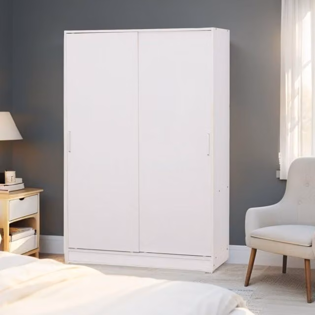 Home Source Raya White Sliding Door Wardrobe with Hanging Rail and Internal Shelves, H 182 x W 120 x D 50 cm
