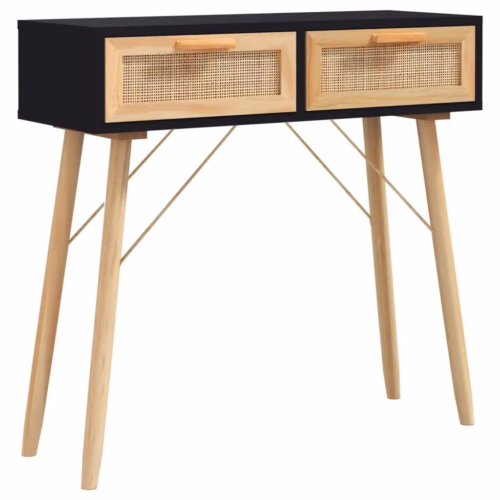 Berkfield Home Black Console Table in Solid Pine and Natural Rattan, W/D/H: 80 x 30 x 75 cm – 2