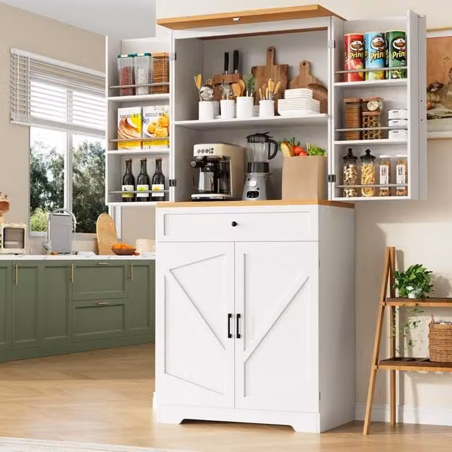 Merax White Tall Kitchen Storage Unit with Drawers, Hinged Doors and Bottle Rack, H 180 x W 80 x D 40 cm – 1