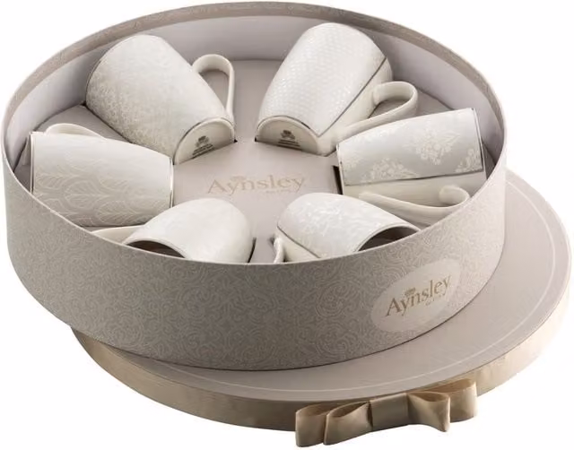 Aynsley China Silver Brocade Bone China Mugs, Set of 6, White and Silver Multicolour in Hat Box