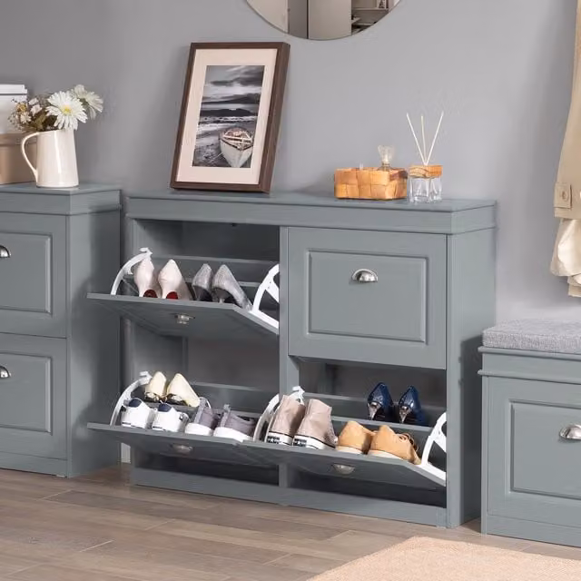 SoBuy Slim Grey Shoe Storage Cabinet with 4 Tilting Compartments and Metal Handles