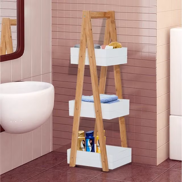 HOMCOM 3 Tier A-Frame Freestanding Ladder Bathroom Shower Caddy in White and Bamboo