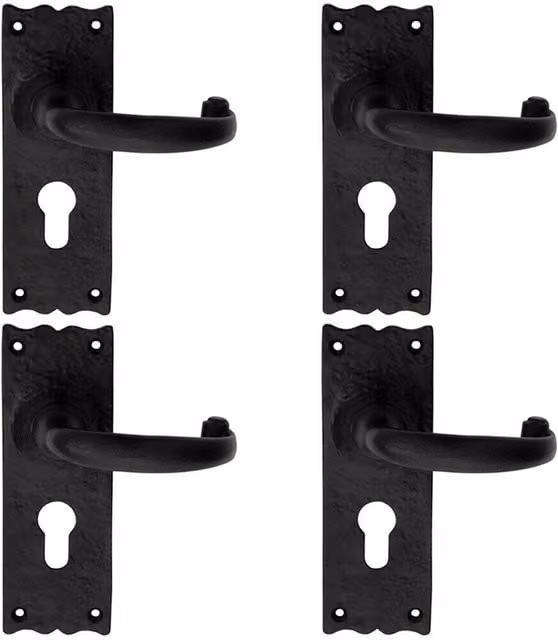 Loops 4 Pairs of Forged Curved Handles with Euro Lock Backplate, Black Antique, 155 x 54 mm