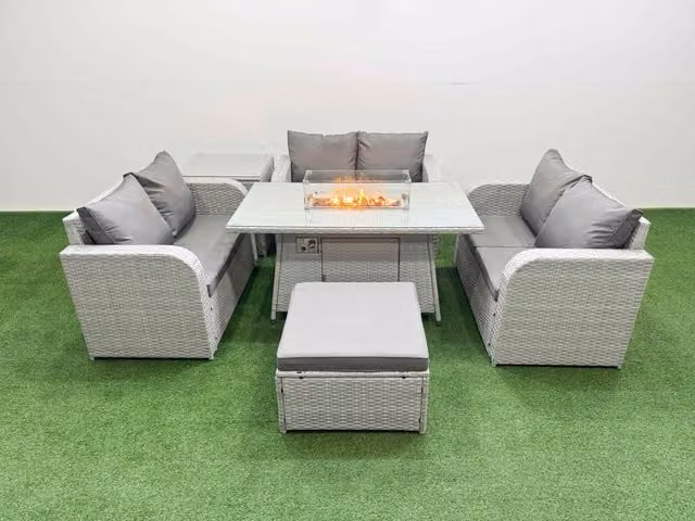 Fimous 7 Seater PE Wicker Rattan Garden Furniture Set in Light Grey with Firepit Dining Table, 2 Seater Love Sofa, Big Footstool and Side Table
