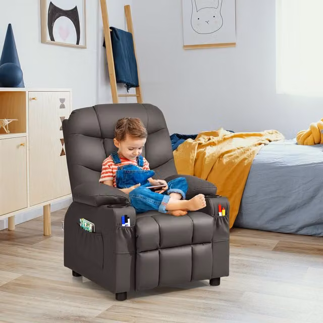 Costway Kids Youth Recliner Chair in Brown with Synthetic Leather and Solid Wood Frame