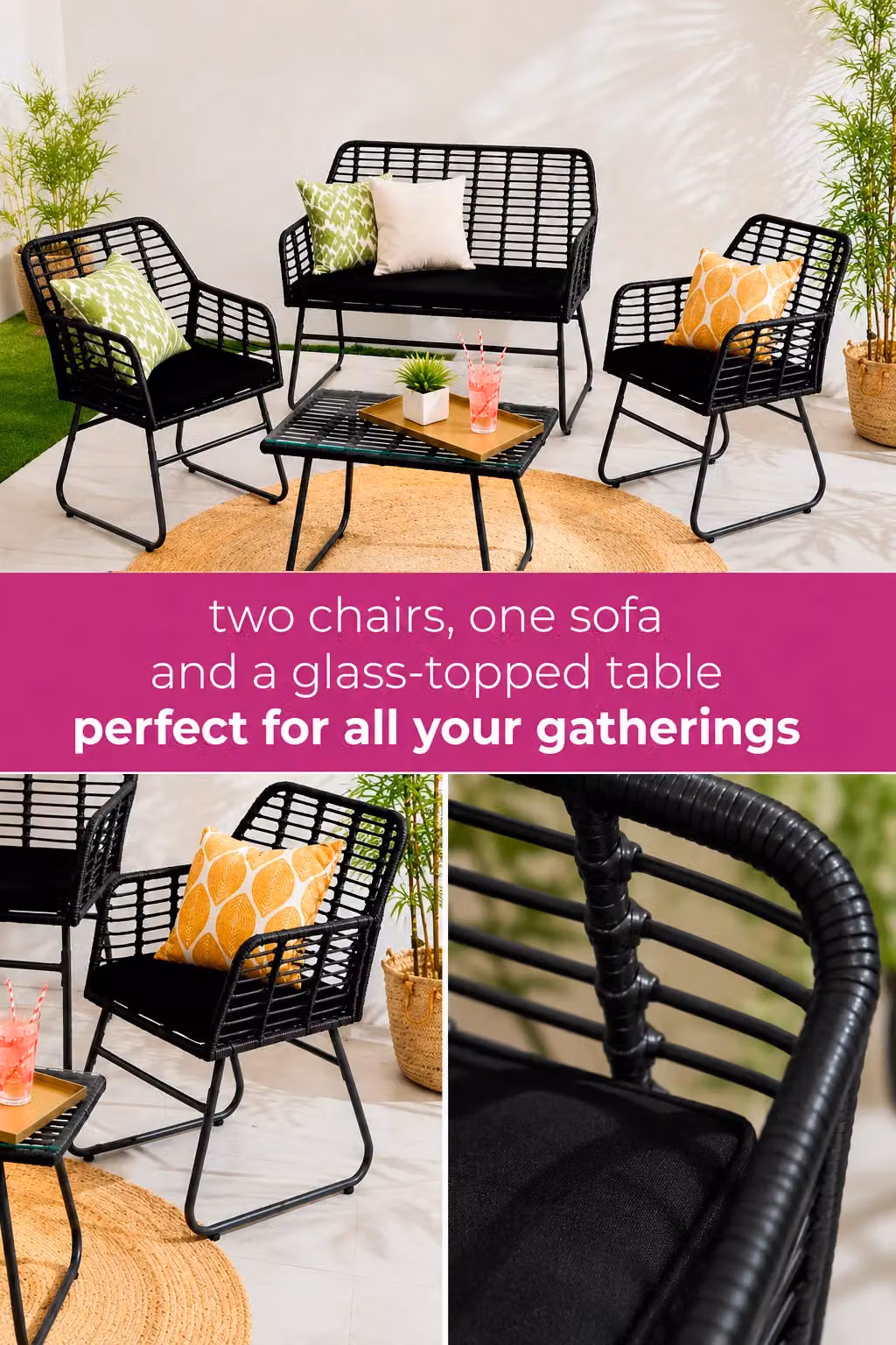 Neo 4 Piece Wicker Bamboo Style Garden Sofa, Table and Chairs Set in Black – 3