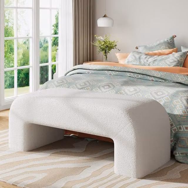 Komore Modern Arch-Shaped Upholstered Indoor Bench in Beige and White Bouclé Fabric