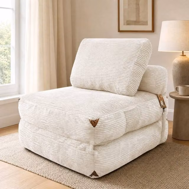 STILVORA White Striped Floor Sofa with Storage Pockets and Armrests