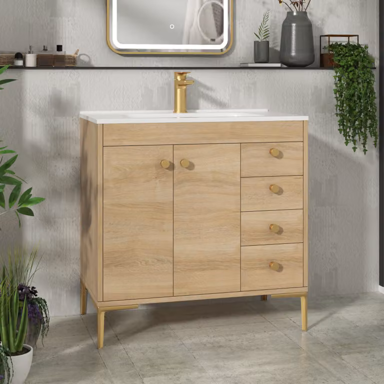 Royal Bathrooms Verona 800mm Natural Oak Floor Standing Vanity Unit with 2 Doors, 4 Drawers, Ceramic Basin and Brushed Brass Knobs
