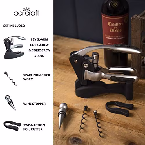 BarCraft Deluxe Lever-Arm Corkscrew Gift Set in Black with Foil Cutter and Metal Accents – 5