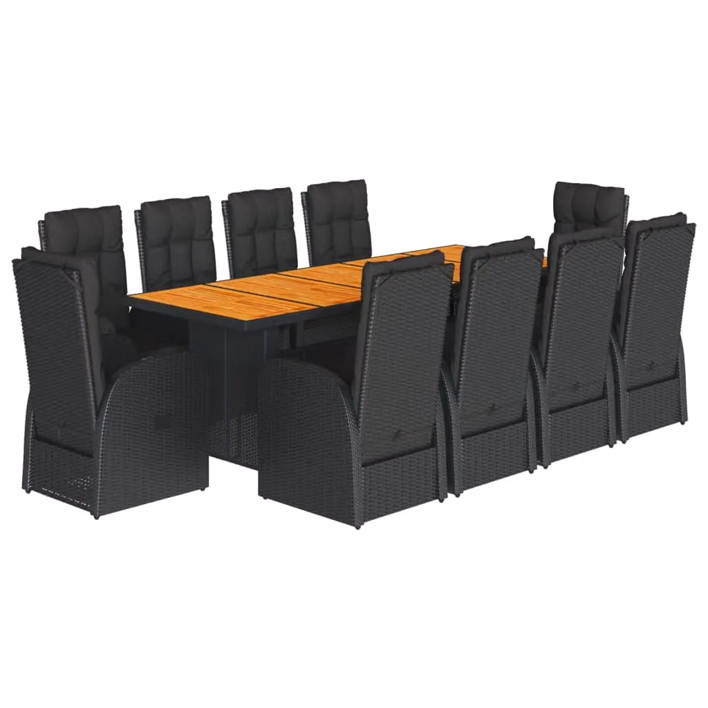 Berkfield Home 11 Piece Black Poly Rattan Garden Dining Set with Acacia Wood and Cushions – 2