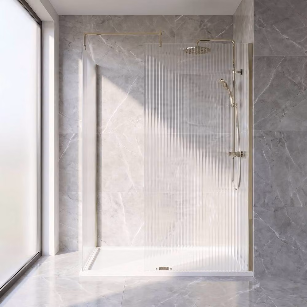 Balterley Fluted Walk-In Wetroom Bundle in Brushed Brass with Rectangular Tray and Fixed Glass, W: 1500 mm, D: 800 mm – 2