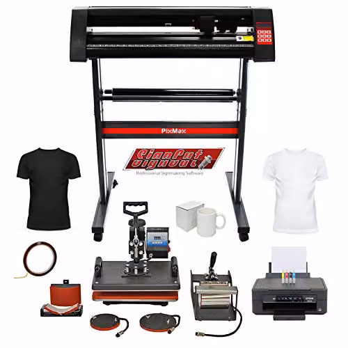 PixMax 5 in 1 Heat Press Swing Transfer Sublimation Vinyl Cutter and Printer Bundle with SignCut Pro Software and Black Accessories
