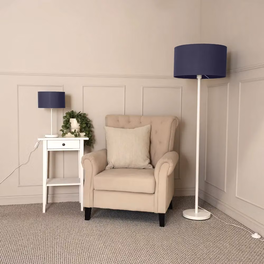 ValueLights Charlie White Metal Single Stem Table Lamp with Navy Blue Fabric Drum Shade – 3