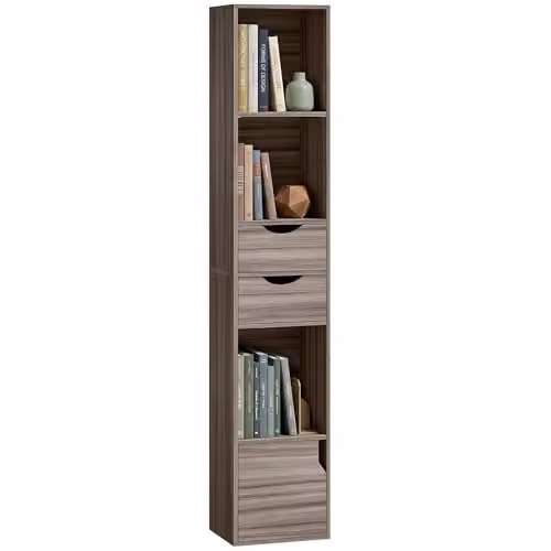 HOMCOM 3-Tier Grey Modern Bookcase with Drawers, H 158 x W 30 x D 24 cm