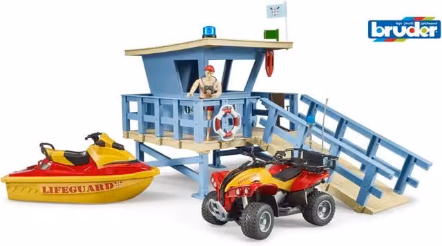 Bruder bworld Life Guard Station with Quad and PWC Rescue Vehicle Playset in Red and Multicolour