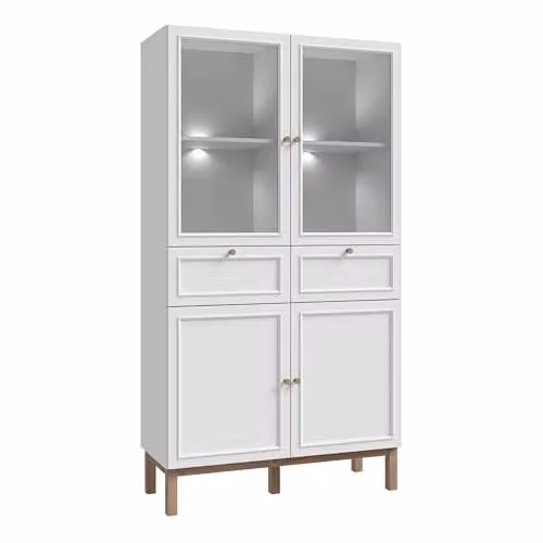 Furniture To Go Wensley Modern Display Cabinet with Glass Doors, 2 Drawers and Integrated LED Lighting in Grey and White – 1
