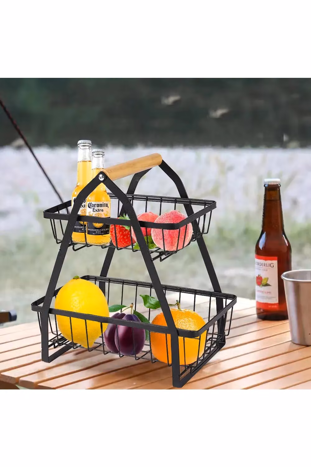 Living and Home 2 Layer Metal Kitchen Detachable Fruit Basket Holder with Wooden Handle in Black – 2